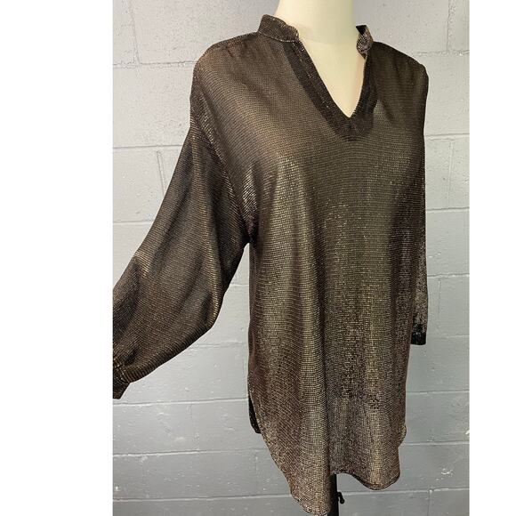 Vintage 70s Sheer Gold Metallic Tunic Blouse Med Lg Teddi California Disco Glam - Picture 2 of 14